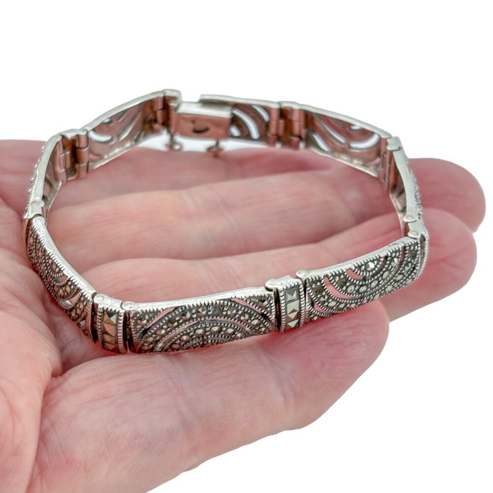 Vintage Sterling Silver 925 Marcasite Panel Bracelet 7.25"
